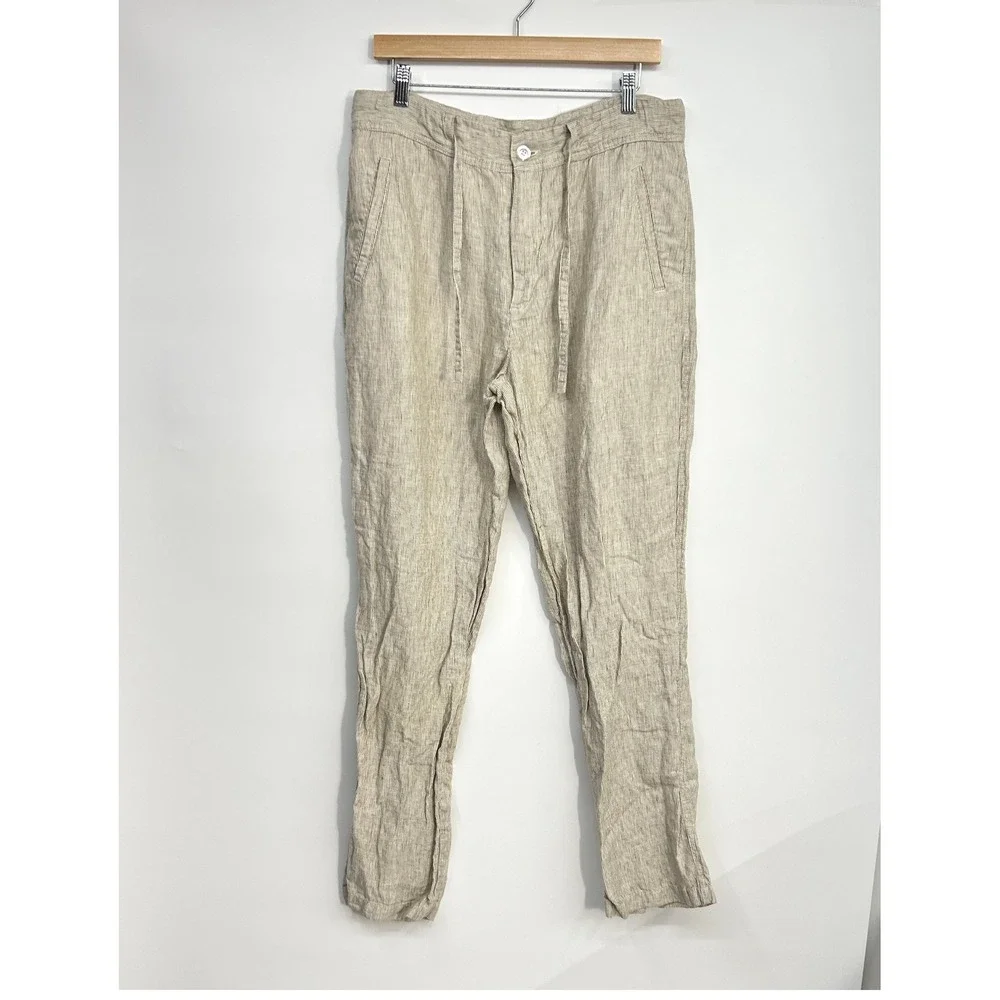 100% Linen Pants Mens 34x34 Drawstring Straight Leg Beige Costal Joseph & Feiss